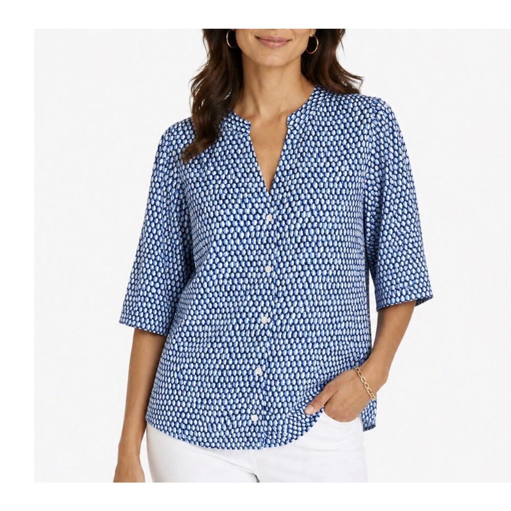 J. McLAUGHLIN Size Medium Split V-Neck Blue Button Top Cotton